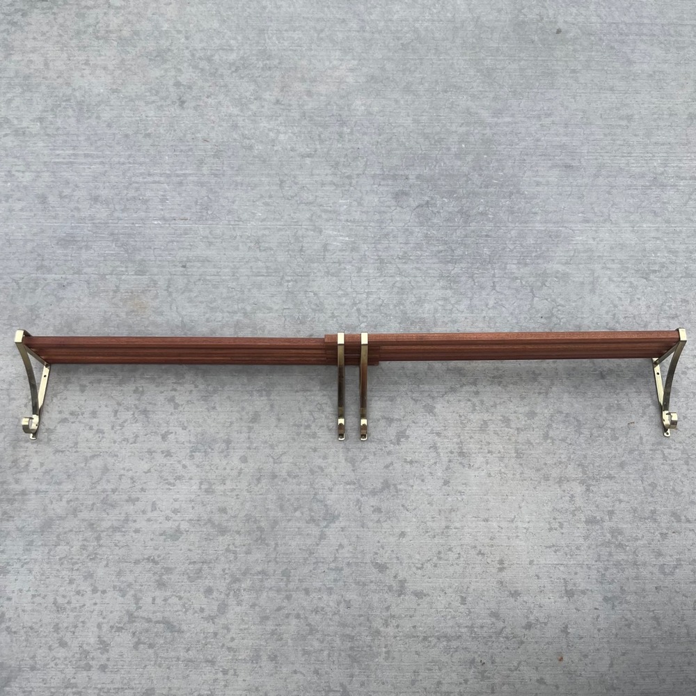 Vintage Mid Century Modern Adjustable Wood and Brass Wall Shelf 24-45 Inch Wide - Picture 1 of 12